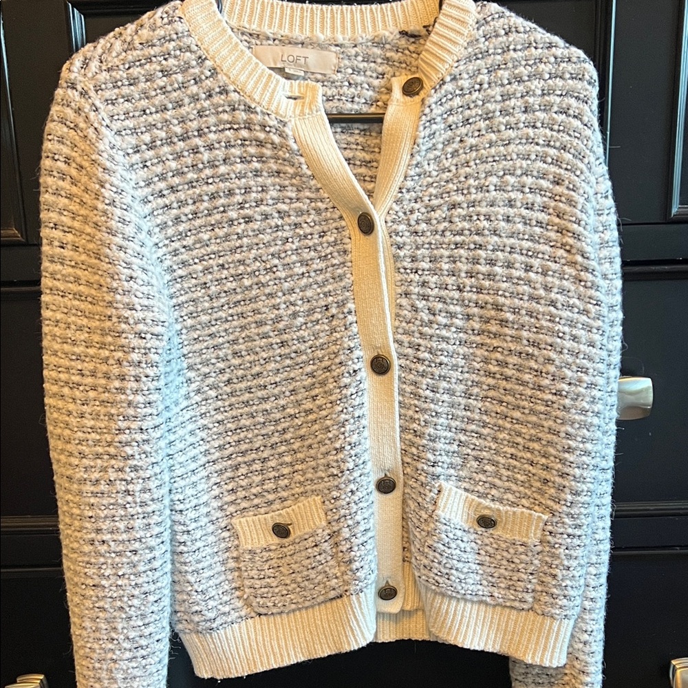 LOFT Women's Textured Cream and Gray Cardigan
